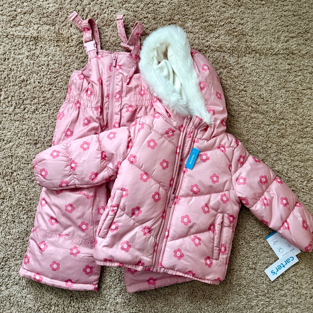 Carter's girls 2pc Snowsuit Faux Fur Trimmed Hooded Puffer Jacket & Ski Bib Set